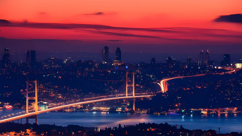 The Bosphorus strait between the European and Asian sides of Istanbul at sunset