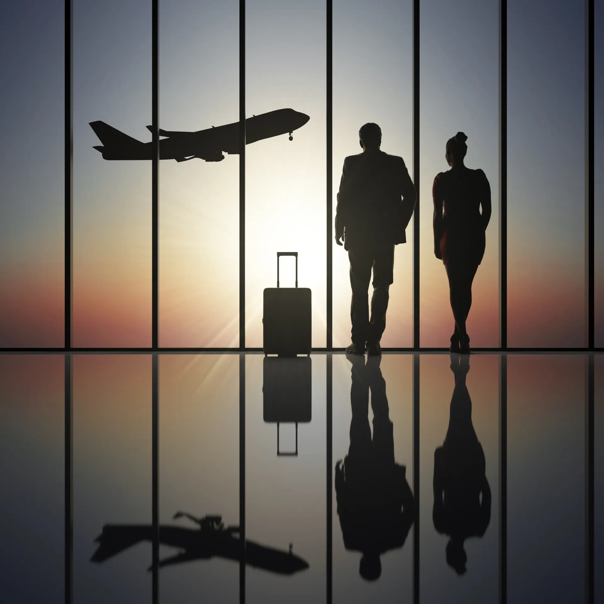 Silhouette of passengers with luggage at Sabiha Gökçen Airport terminal at sunset, Istanbul