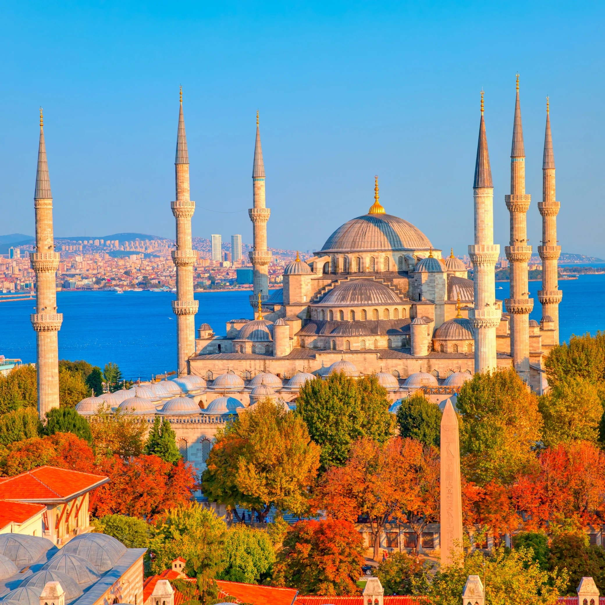 Blue Mosque (Sultanahmet Camii) with its six minarets seen from Sultanahmet Square, Istanbul